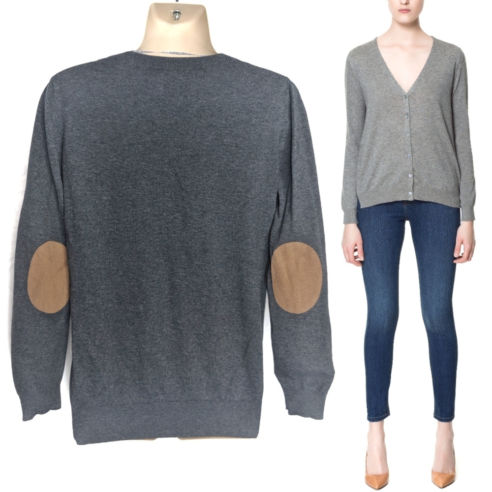 Zara Knit Elbow Patch V Neck Cardigan Sz M